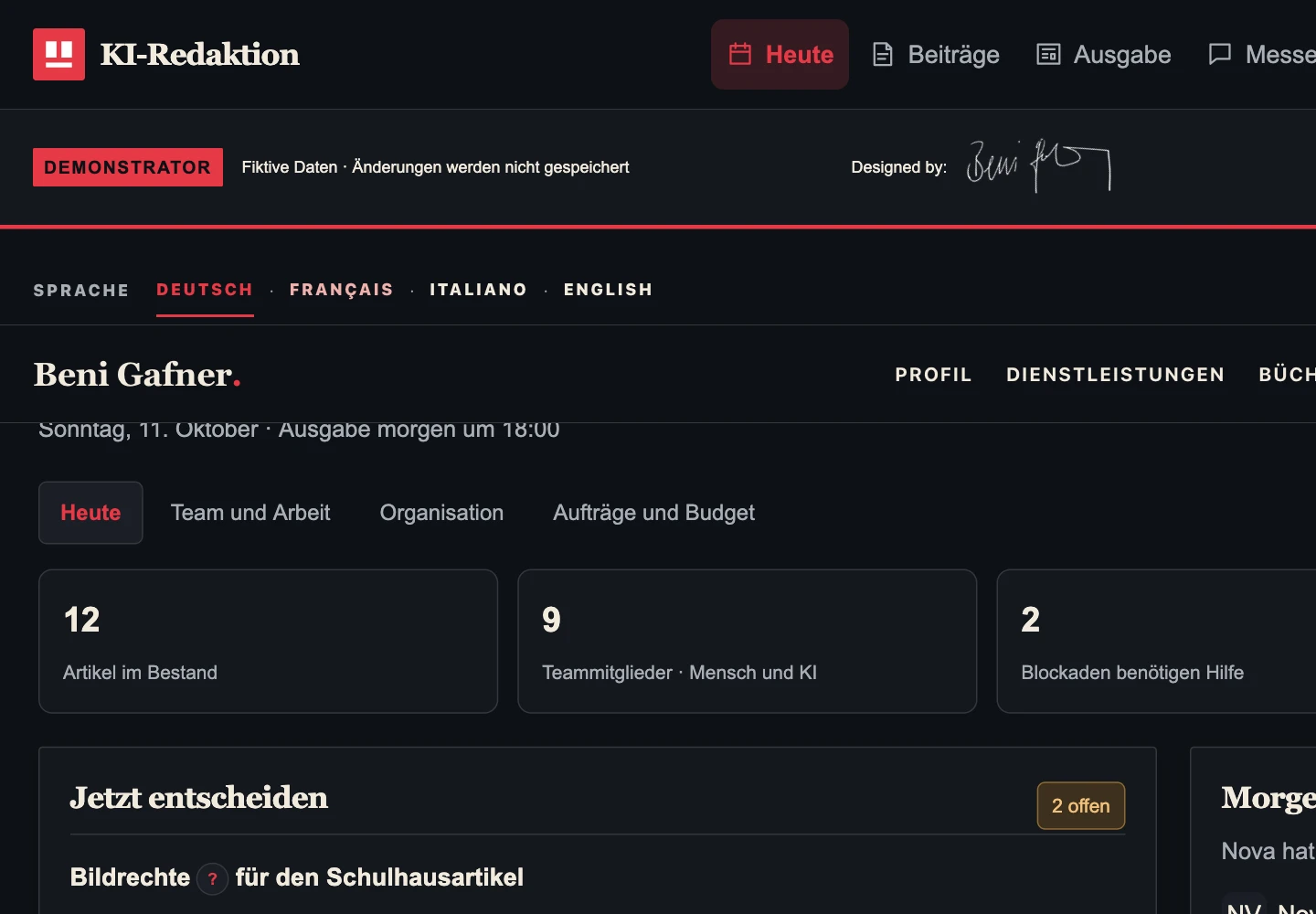 Oberfläche des KI-Redaktion-Demonstrators